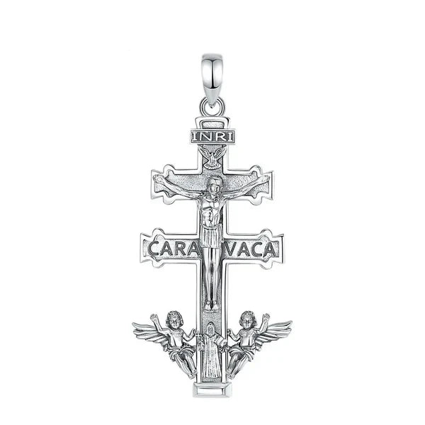 Colgante cruz de caravaca con san benito en plata 925
