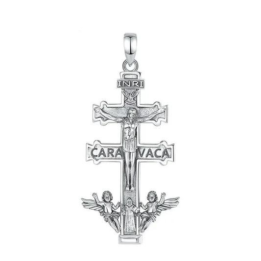 Colgante cruz de caravaca con san benito en plata 925