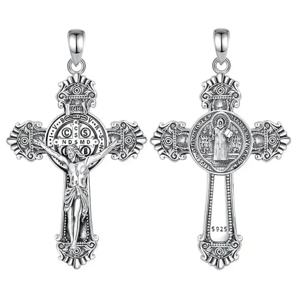 Colgante cruz de jesus con medalla san benito en plata 925