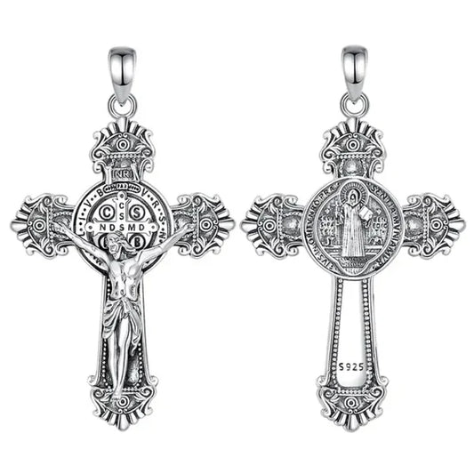 Colgante cruz de jesus con medalla san benito en plata 925